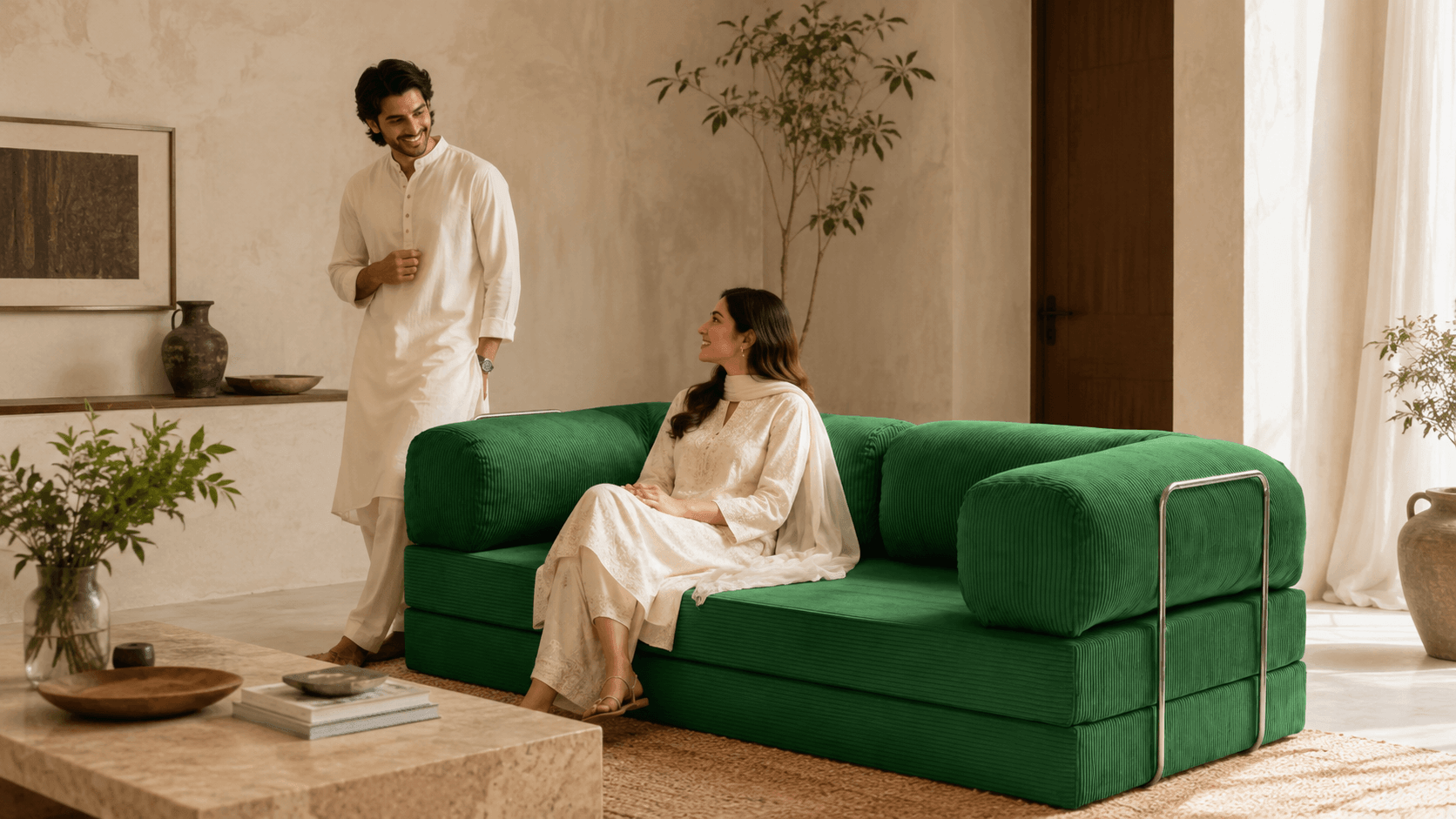 A green upholstered modular sofa in a warm, modern living room setting, with a man in a white kurta standing nearby and a woman in a white robe sitting on the sofa.