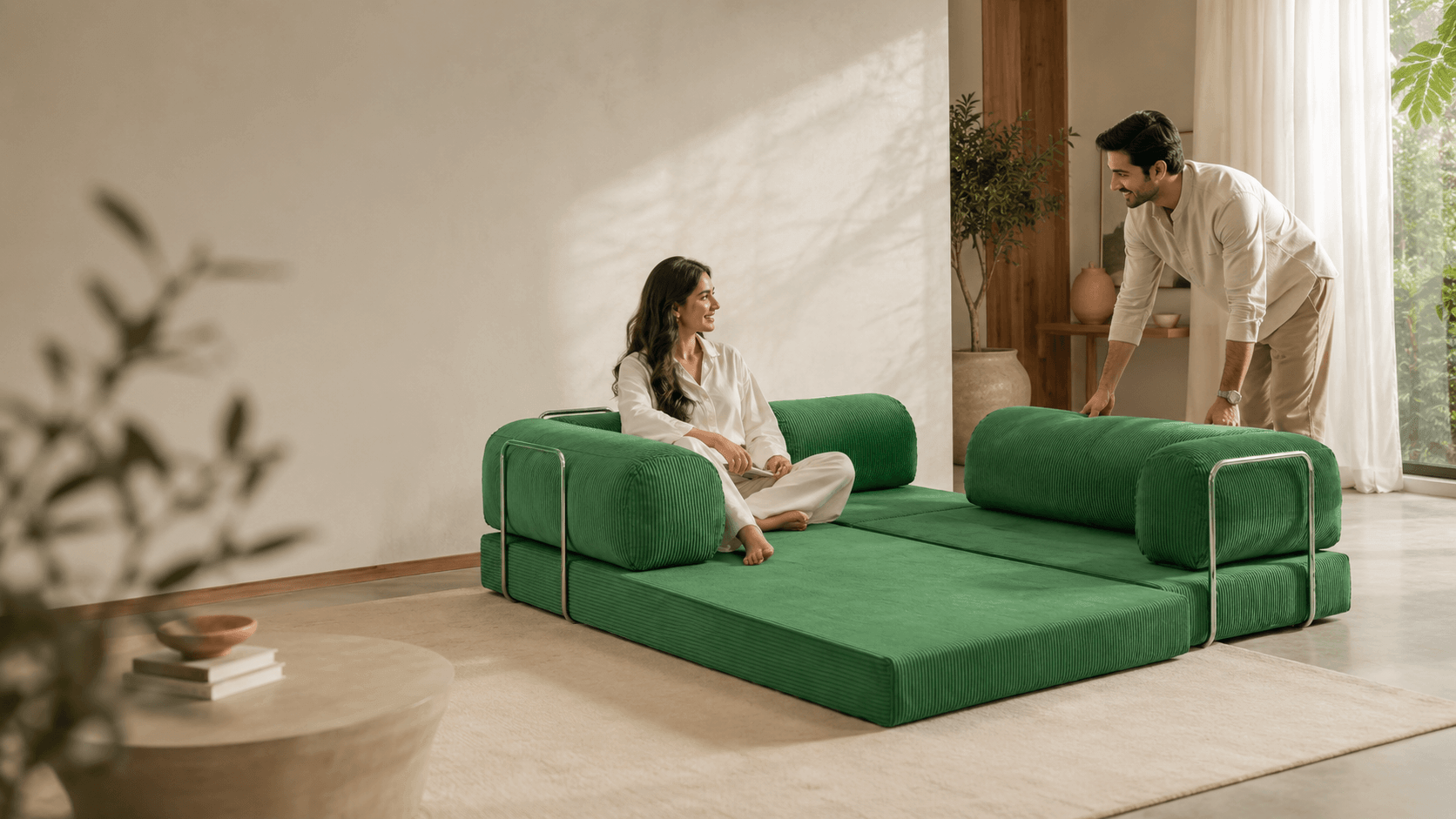 A green modular fabric sofa bed is set up in a bright, modern room. A woman sits cross-legged on the sofa, while a man adjusts the matching headrest cushion nearby.